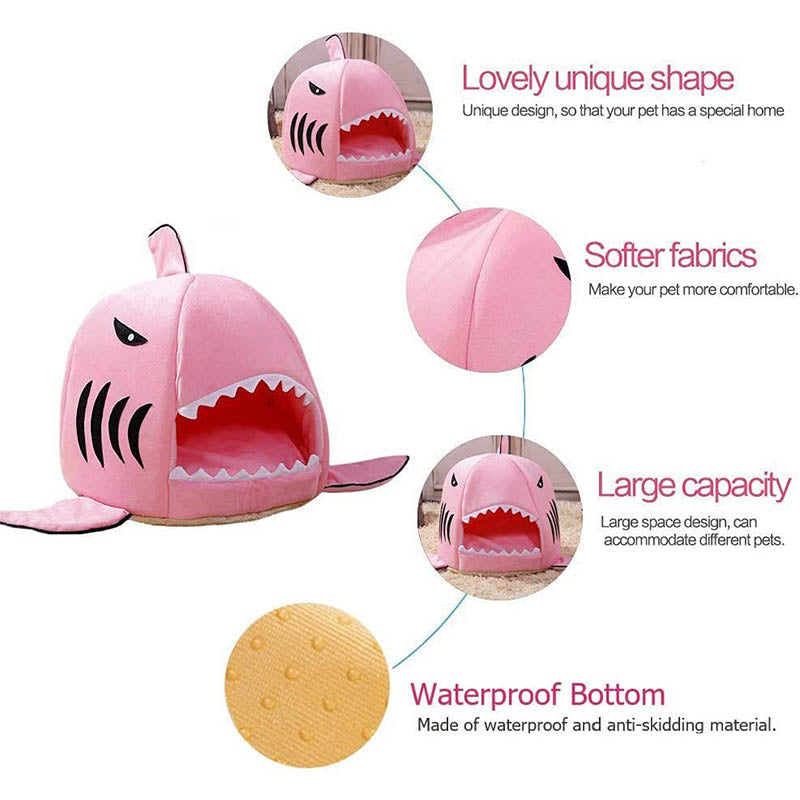 Pet Bed Shark Covered Cave House for Small Pets Puppy Kitten with Water Resistant Bottom-Pink