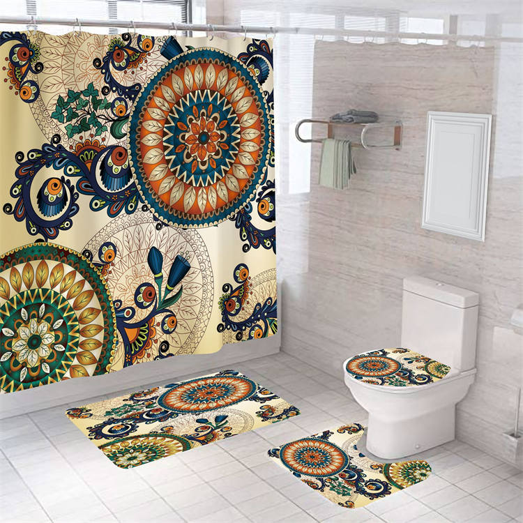 4 Pcs Shower Curtain Set Bath Mat U Shape and Toilet Lid Cover Mat with 12 Hooks-A2