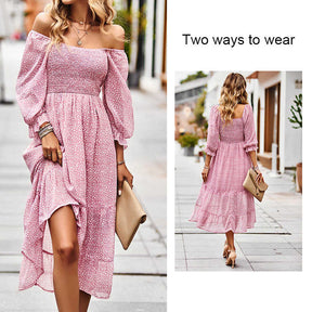 Women Casual Summer Dresses Square Neck Ruffle Floral Boho Maxi Dress-Pink