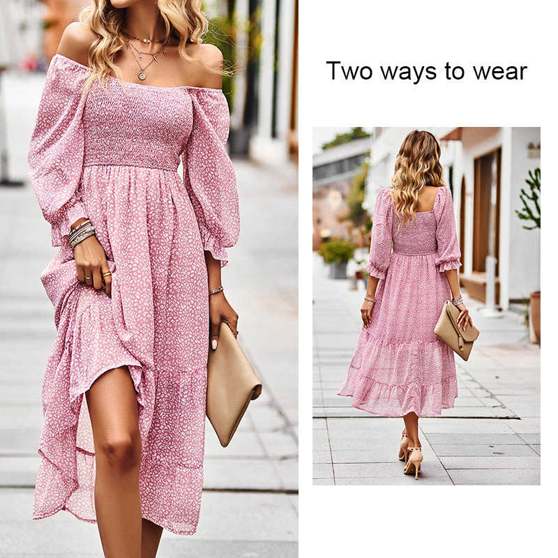 Women Casual Summer Dresses Square Neck Ruffle Floral Boho Maxi Dress-Pink