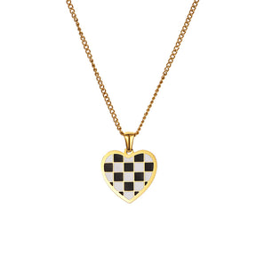 Black and White Checkerboard Heart Necklace Titanium Steel Pendant Sweet Cool Girl Jewelry