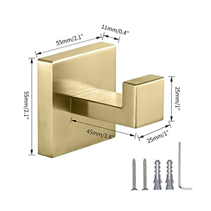 2 Pack Bathroom Hooks 304 Stainless Steel Square Wall Hooks-Gold