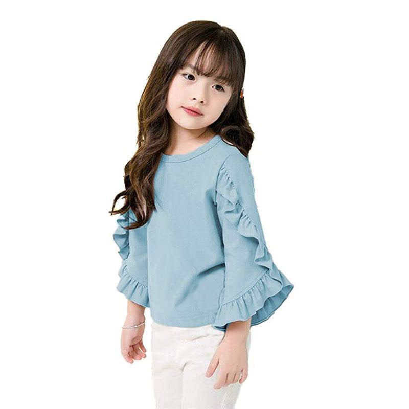 Little Girls Ruffle Bat T Shirt Pullover Autumn Spring Princess Tops-Gray Blue