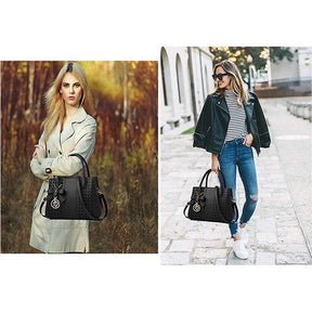 Fashion Womens PU Leather Embroidered Handbags Shoulder Tote Bags-Black