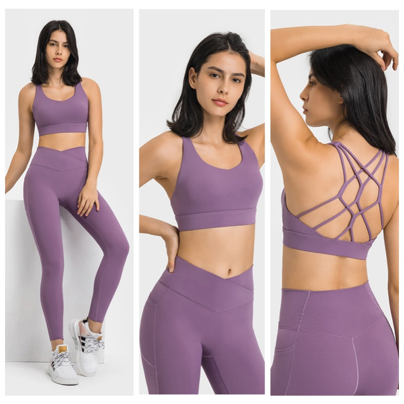 Strappy Sports Bra Breathable Wirefree Crop Basic Tops for Running-Purple