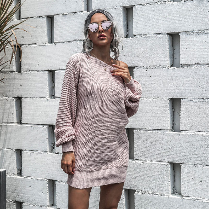 Womens Autumn Winter Off Shoulder Casual Loose Sweater Dress-Pink