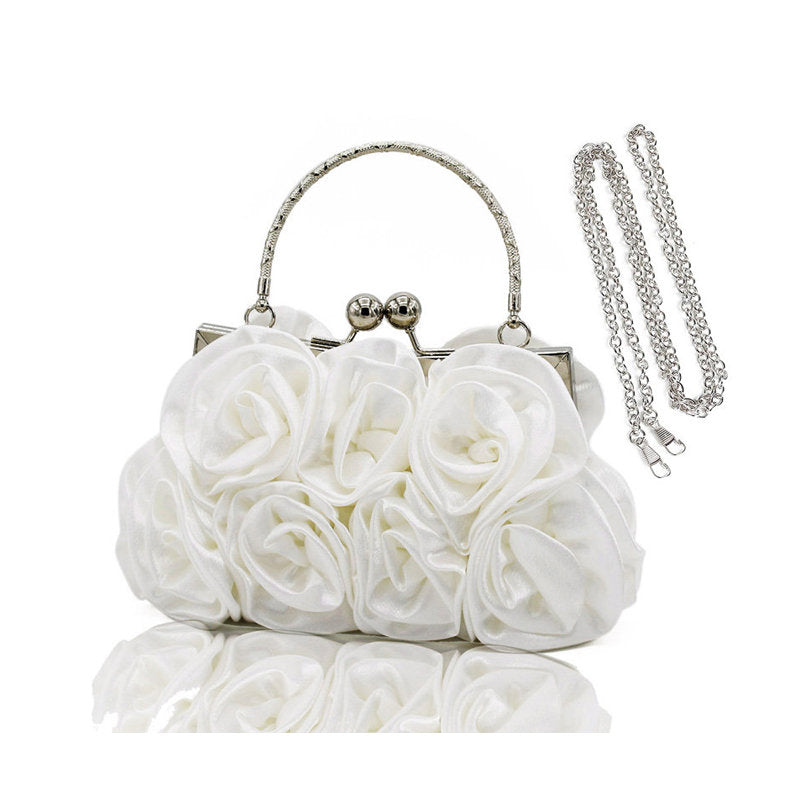 Roses Clutch Purse Satin Money Clip Evening Handbag-White