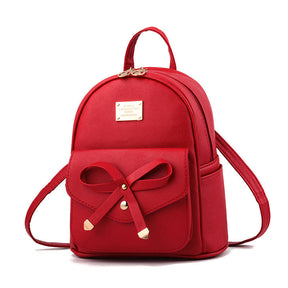 Girls Bowknot Cute Leather Mini Backpack Purse for Women-WineRed