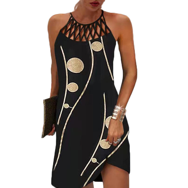 Womens Printed Mesh Belt Sleeveless Summer Casual Dress-Black