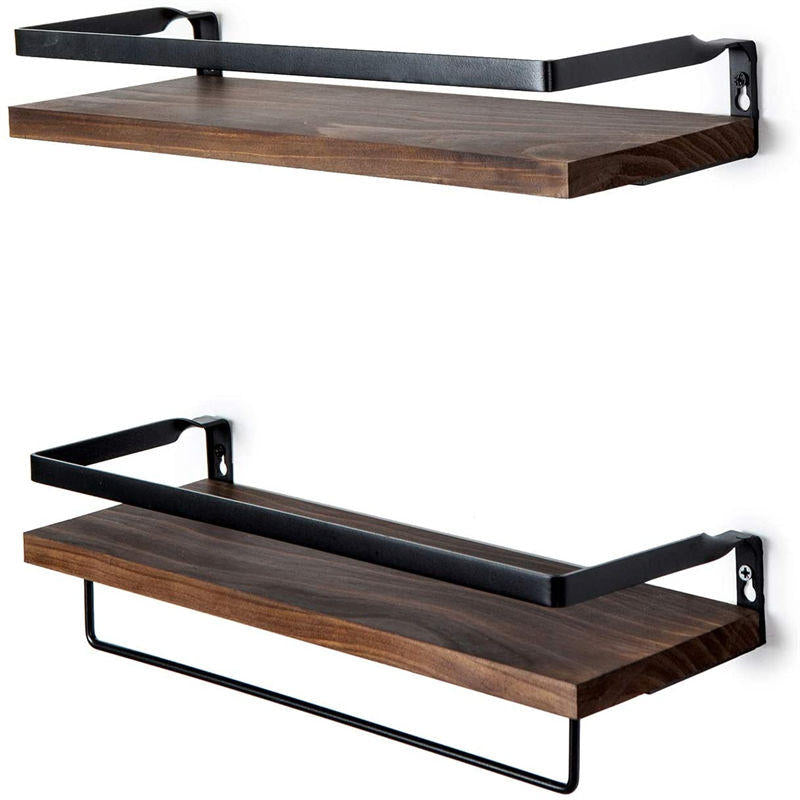 Floating Shelf Wall-mounted Storage Rack for Kitchen and Bathroom 2-piece Wooden Set-Brown