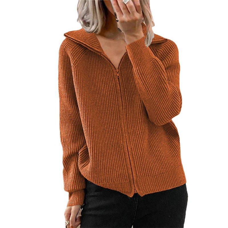 Womens Zip Up Lapel Knit Cardigan Sweaters V Neck Long Sleeve-Orange