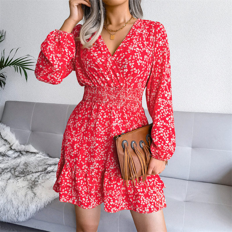 Womens Floral Long Sleeve V Neck Elastic High Waist Chiffon Dress-Red