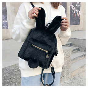 Women Cute Rabbit Ears Backpack Fluffy School Bag Satchel-Black