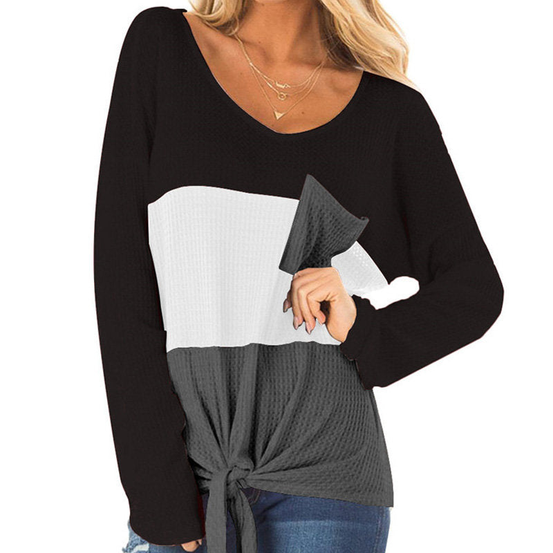 Womens Long Sleeve V-neck Autumn T-shirt Loose Top with Pockets-Black