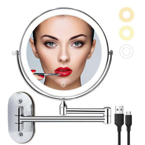 Wall Mounted Lighted Makeup Mirror 8inch 10X Magnifying Cosmetic Mirror with 3 Color Modes USB Charging Type-Silver