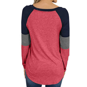 Womens Color Block Round Neck Tunic Top Casual Long Sleeve Shirt-Red