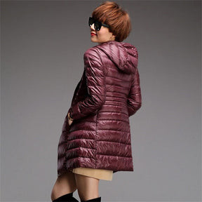 Womens Lightweight Puffer Jacket Hooded Winter Mid Length Coat-ZaoRed