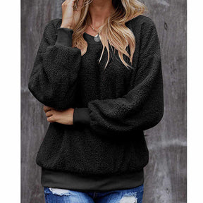 Womens Plush Sweater Casual Round Neck Sweatshirt Pullover-Black