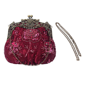 Womens Beaded Party Clutch Vintage Rose Purse-Wine Red