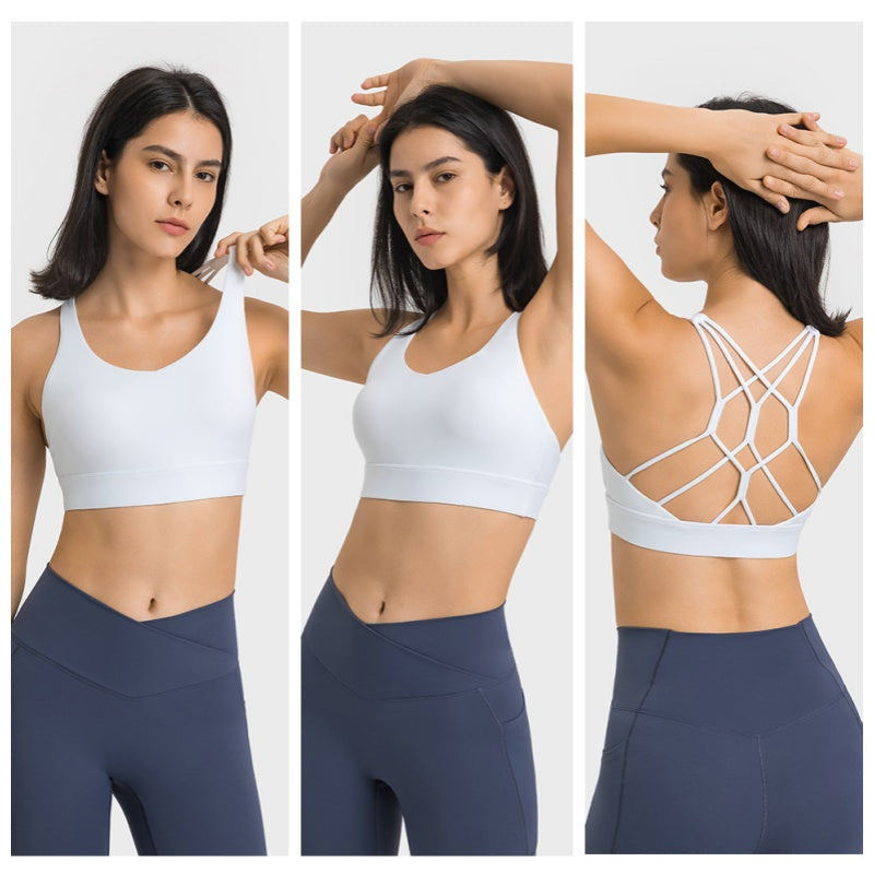 Strappy Sports Bra Breathable Wirefree Crop Basic Tops for Running-White