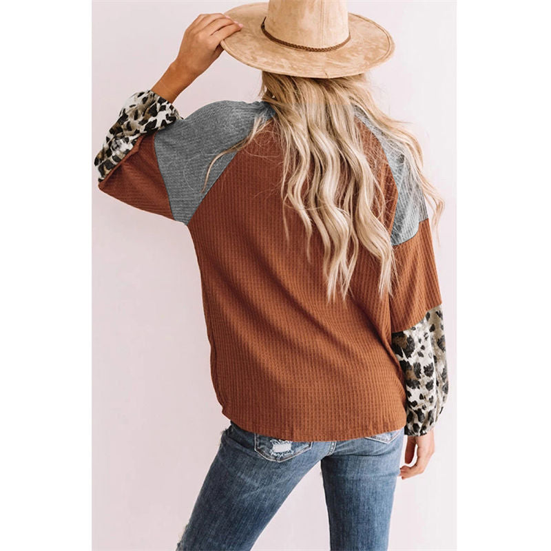 Womens Twist Knot Shirts Waffle Leopard Print Color Block Loose Fit Tops-Orange