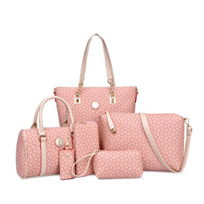 6 Pcs Women Handbag Set PU Leather Multi purpose Shoulder Bag-Pink