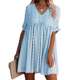 Womens Summer Short Sleeve V-neck Dress Swiss Dot A Line Dresses-LightBlue