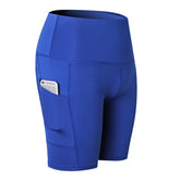 Women Yoga Shorts With Pocket High Waist Fitness Running Leggings Sports Quick Drying Tight Pants 2048-Blue
