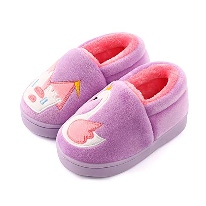 Boys Girls Warm Slippers Cartoon Kids Winter Indoor Household Shoes-Purple