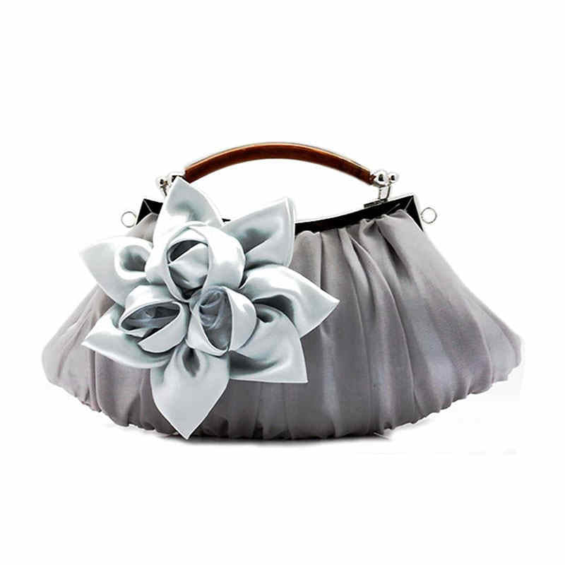 Womens Silk Flowers Evening Bags Clutch-Silver