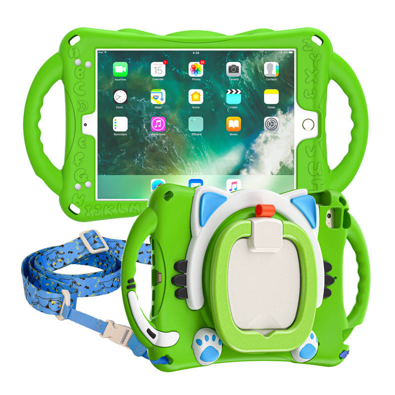 CatB Silicone Case For iPad Mini 5 4 3 2 1 Shockproof Shoulder Strap Handle Stand-Green