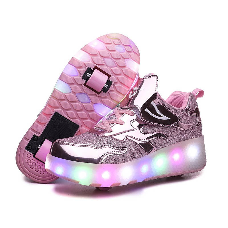 Kids LED Roller Skates Fashion Sneakers with Double Wheel-E67-Pink