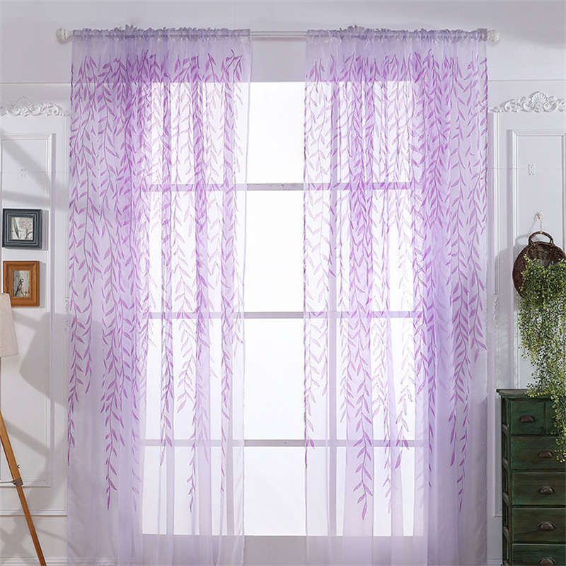 2 Panels Leaves Embroidered Sheer Rod Pocket Drapes For Living Room-Purple