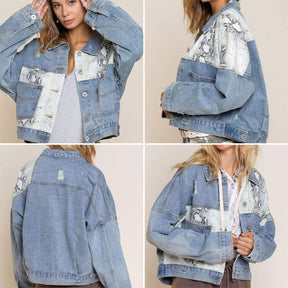 Womens Distressed Denim Jacket Patchwork Print Ripped Outwear-SnakePattern