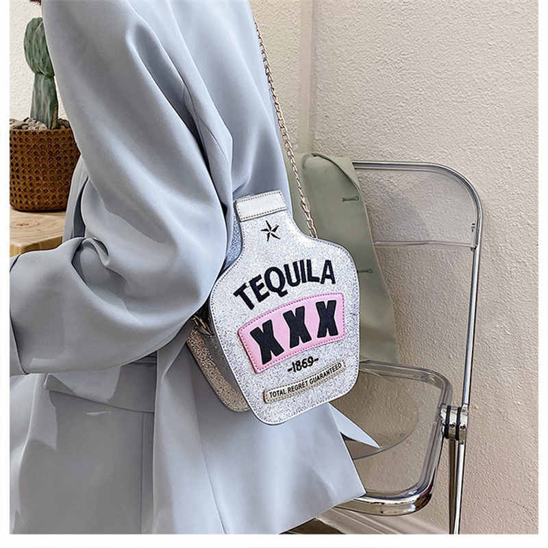 Tequila Bottle Shaped Laser Shoulder Handbags PU Crossbody Purse for Women-SequinSilver