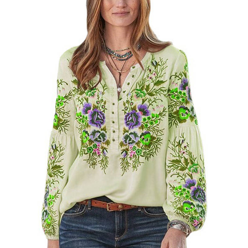 Womens Long Sleeve V Neck Print Blouse Loose Fit Casual Tops-Green