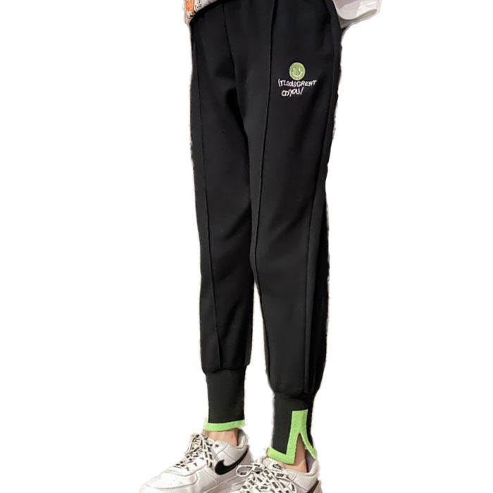 Girls Joggers Long Pants Pockets Outdoor Casual Trousers Smiley-Black