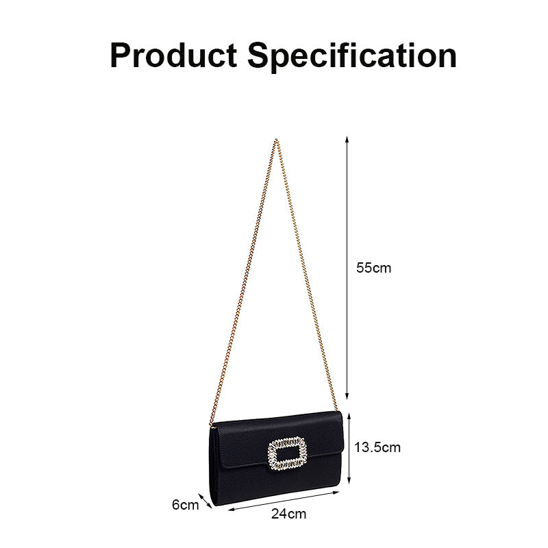 Womens Fashion Square Buckle Design Evening Bag with Chain Strap-Black