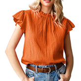 Womens Ruffle Sleeve Blouses Summer Casual Plain Round Neck  Loose Fit Tops-Orange