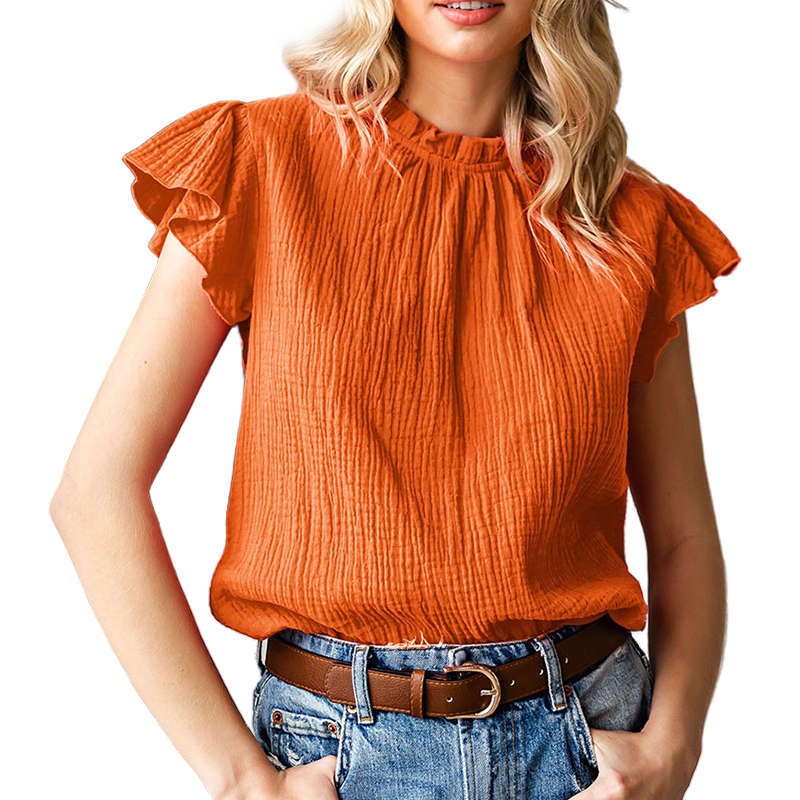 Womens Ruffle Sleeve Blouses Summer Casual Plain Round Neck  Loose Fit Tops-Orange