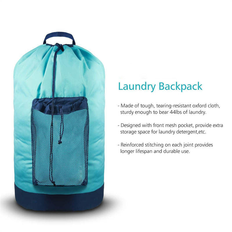 Backpack Laundry Bag With Shoulder Straps And Mesh Pocket Durable Nylon Clothes Bag for College Travel Laundromat -Sky Blue