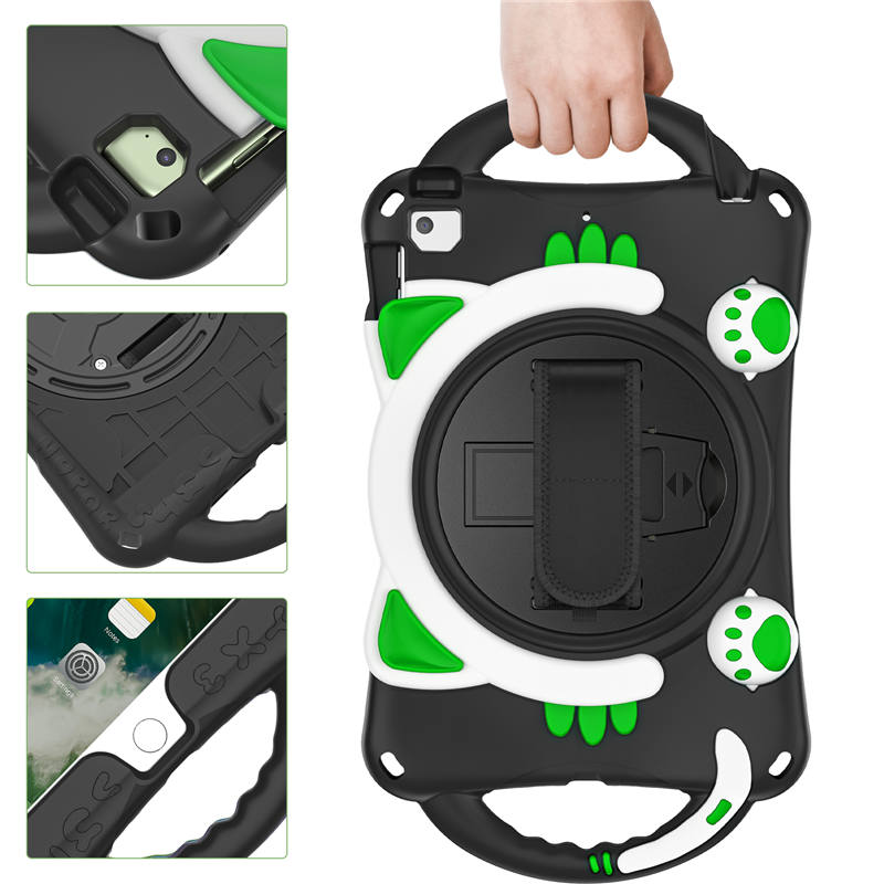 CatA iPad Silicone Case For iPad Mini 5 4 3 2 1 Built-in Handle Stand With a Strap-Black Green