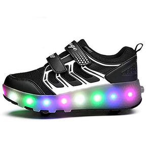 Kids Two Wheels Sneakers with Lights Rechargeable Roller Skates Shoes for Boys Girls-Black