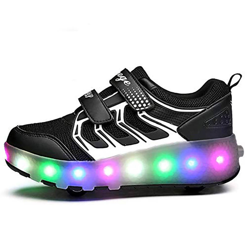 Kids Two Wheels Sneakers with Lights Rechargeable Roller Skates Shoes for Boys Girls-Black