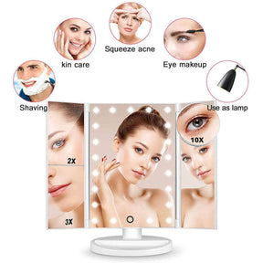 Tri-Fold Lighted Vanity Mirror with 22 LED Lights 3X/2X/10X Magnification Make Up Mirror-White