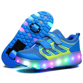 Kids Two Wheels Sneakers with Lights Rechargeable Roller Skates Shoes for Boys Girls-Blue