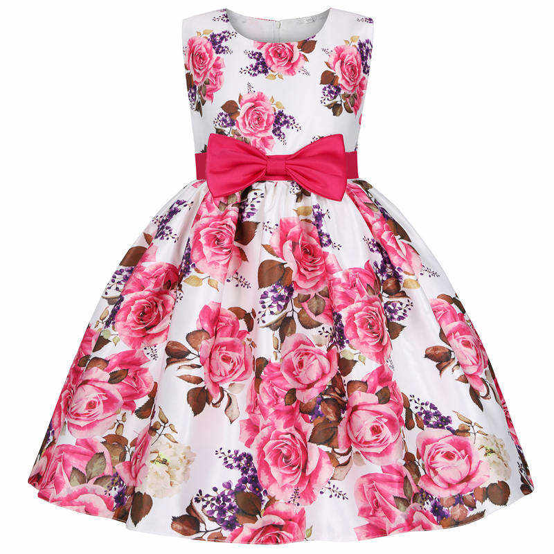 Floral Girls Dresses Summer Girl Clothes Sleeveless Dresses With Bow-Rose Red