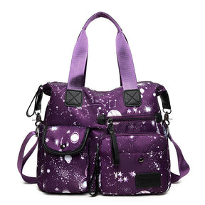 Womens Lightweight Floral Top Handle Handbag Multi-pockets Nylon Shoulder Bag-Purple