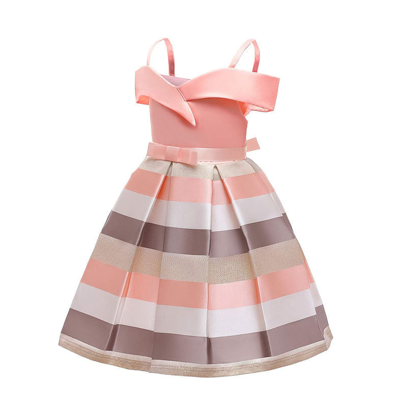 Flower Girls Elegant Dresses Toddler Wedding Pageant Off Shoulder Stripe Dress-Pink