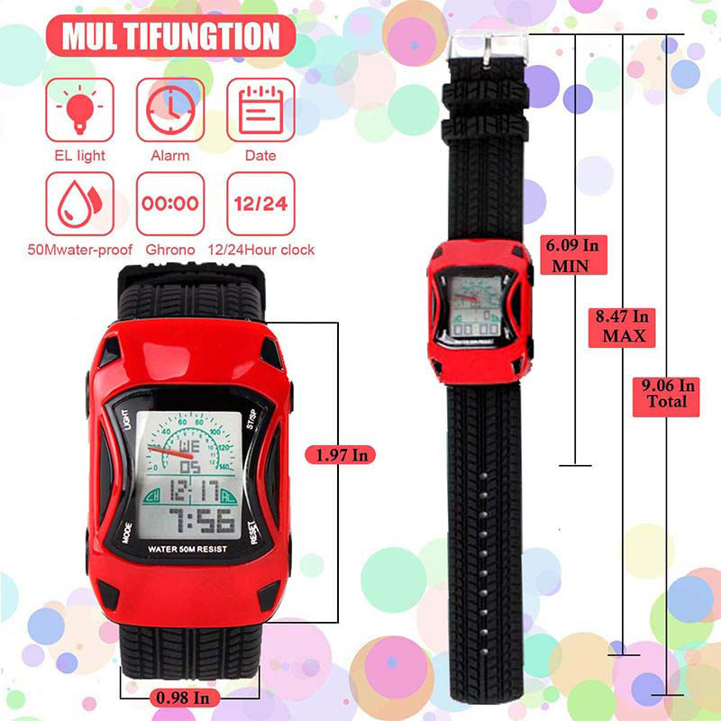 Kids Waterproof Sports Watches Digital LED Car Shape Watches-Red